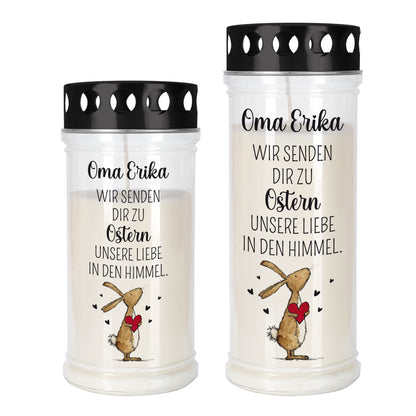 Grablicht zu Ostern personalisiert mit Wunschtext und Hasenmotiv in zwei Größen