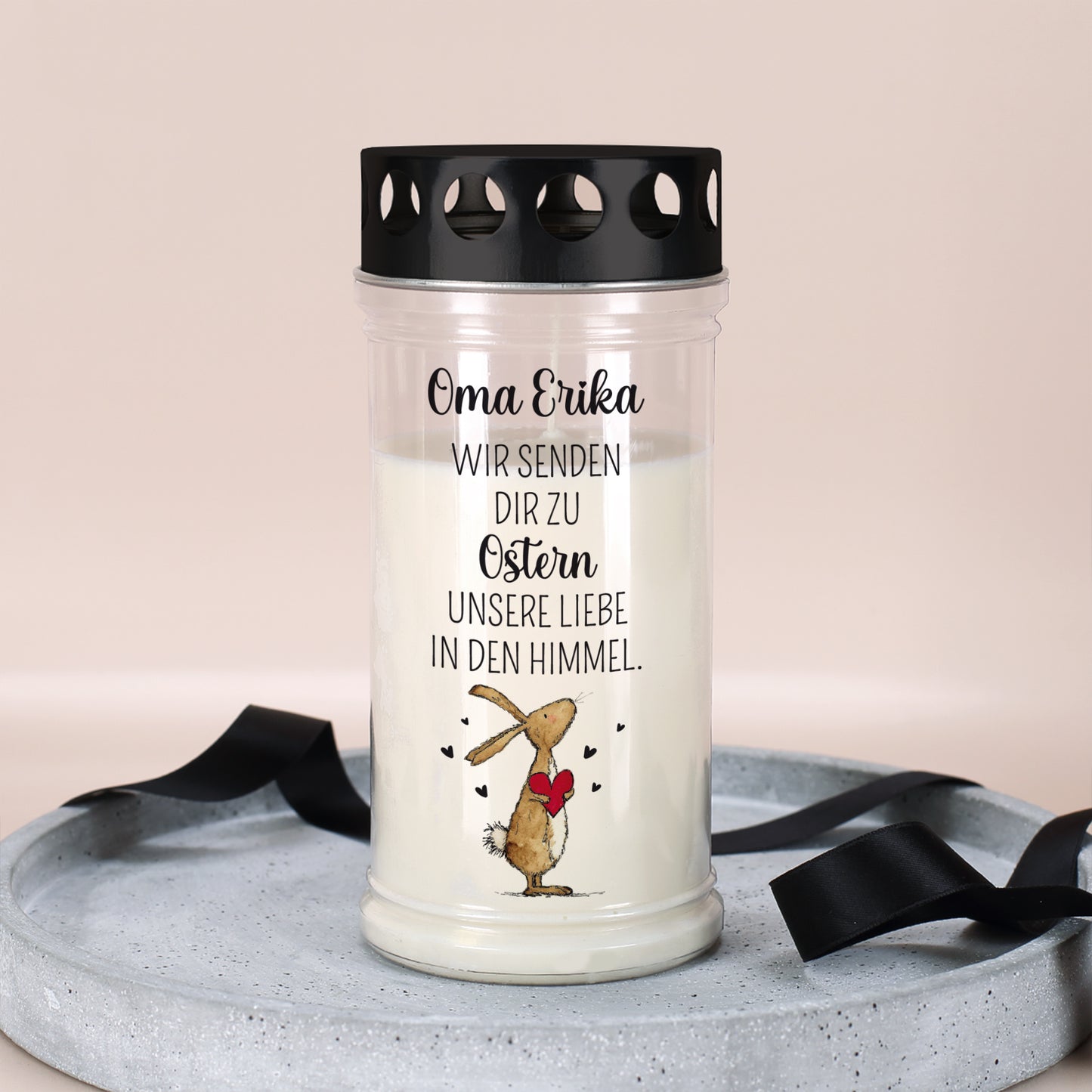 Personalisiertes Grablicht zu Ostern mit Wunschtext | Trauerkerze 'Wir senden Liebe in den Himmel'