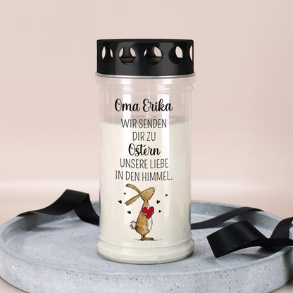 Personalisiertes Grablicht zu Ostern mit Wunschtext | Trauerkerze 'Wir senden Liebe in den Himmel'