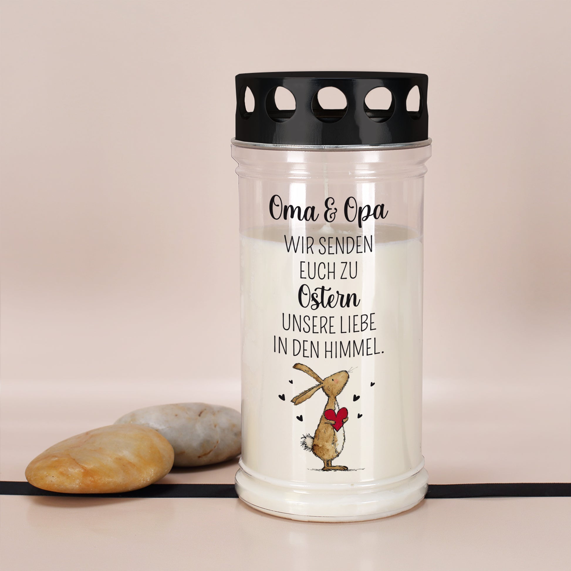 Trauerkerze zu Ostern mit Wunschtext und Hasenmotiv für Oma und Opa