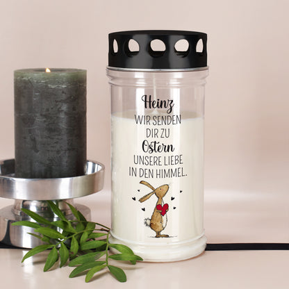 Personalisierte Grabkerze mit Wunschtext und Hasenmotiv für Friedhof und Gedenkstätte
