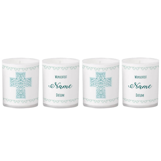 Kleine Teelichter mit Kreuz und persönlich bedruckter Banderole