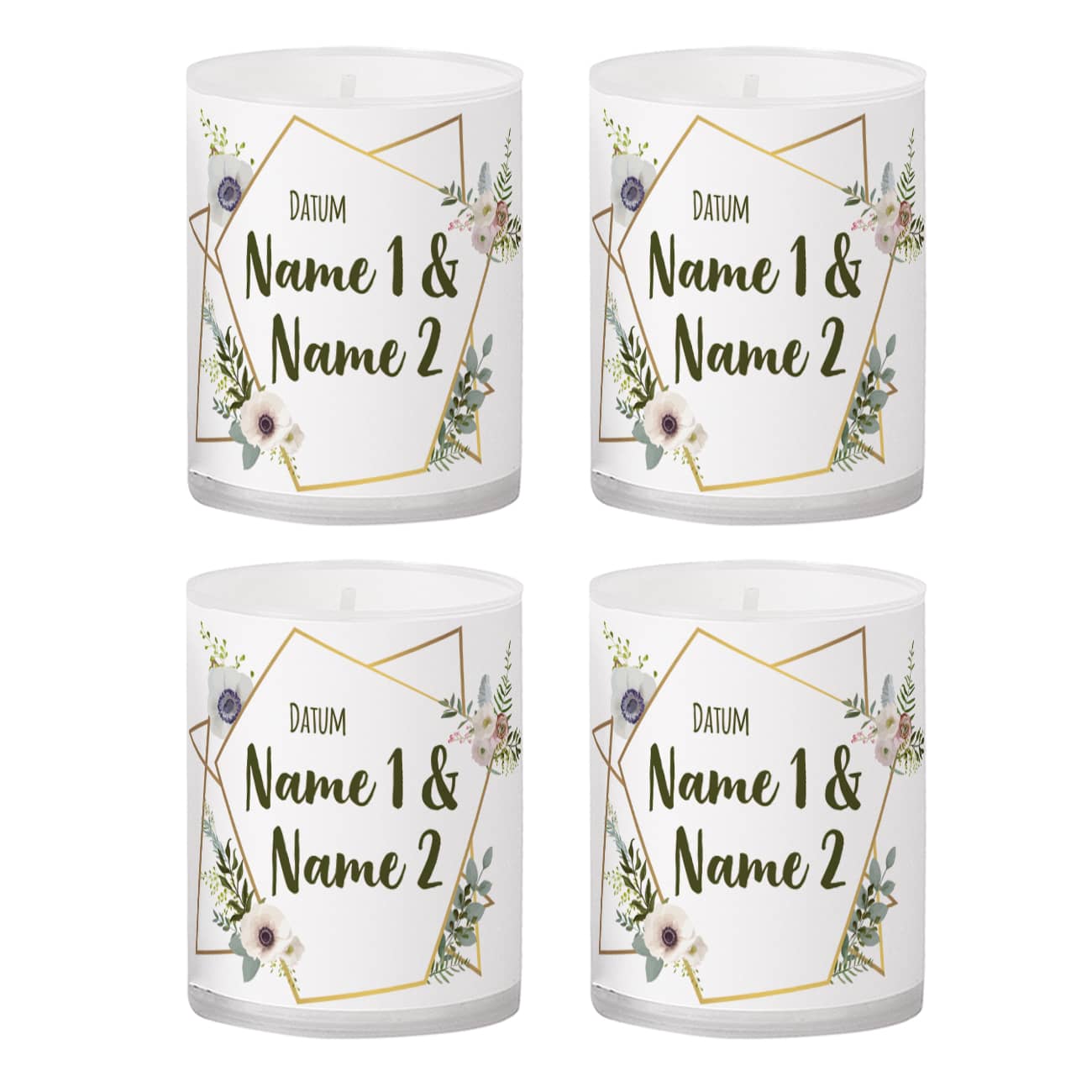 4 kleine Kerzen zur Hochzeit mit Blüten, Namen und Datum