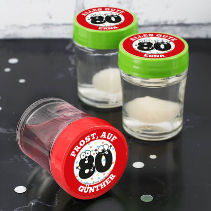 6er Set Schnäpse mit persönlichem Druck zum 80. Geburtstag