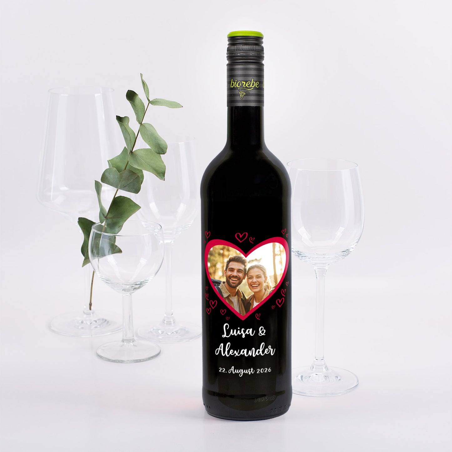 Biorebe Wein zur Hochzeit personalisiert mit Foto, Namen und Datum | Herzmotiv