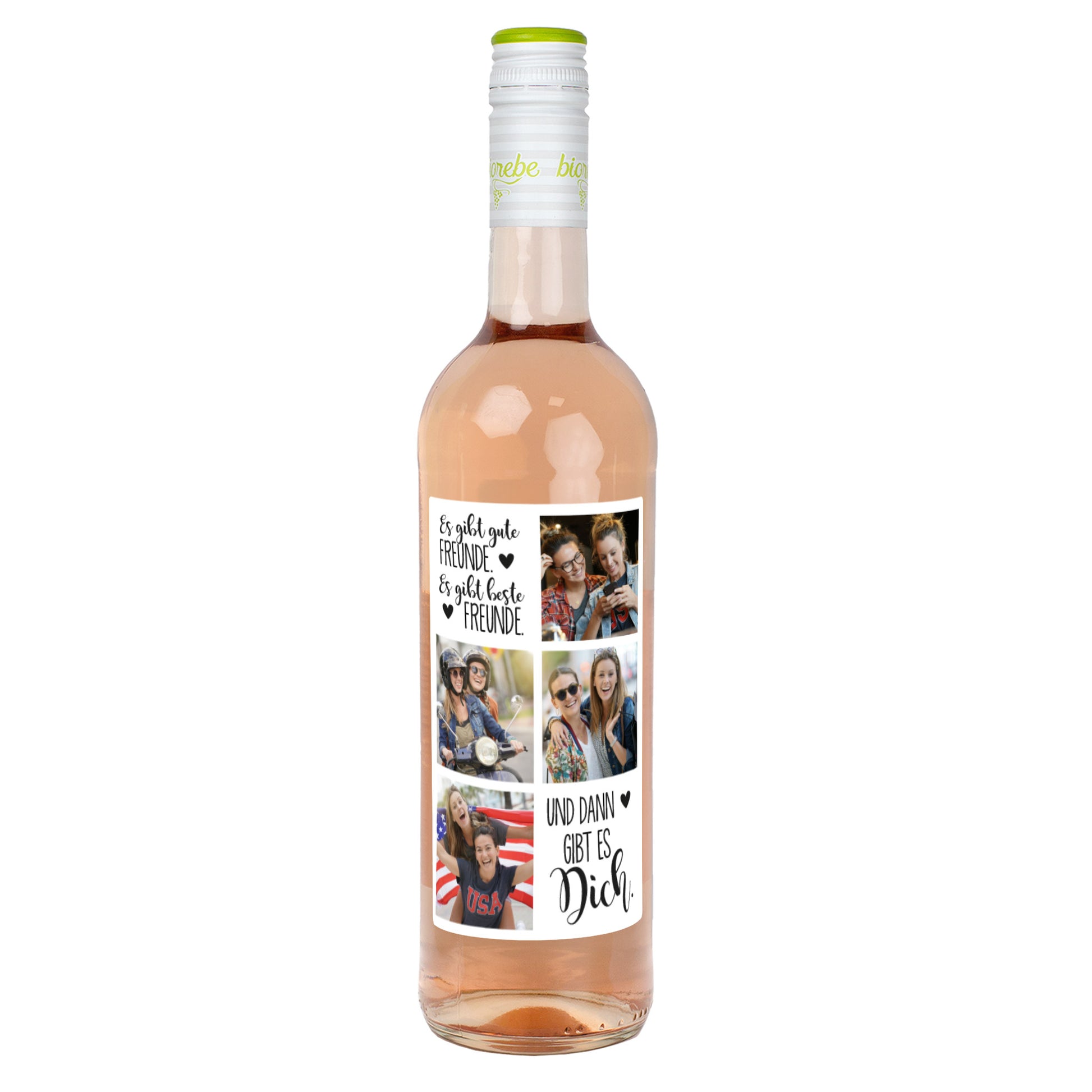 Flasche Roséwein (freigestellt) mit personalisiertem Freunde-Motiv „Es gibt gute Freunde, es gibt beste Freunde, und dann gibt es Dich“ und vier Foto-Platzhaltern.
