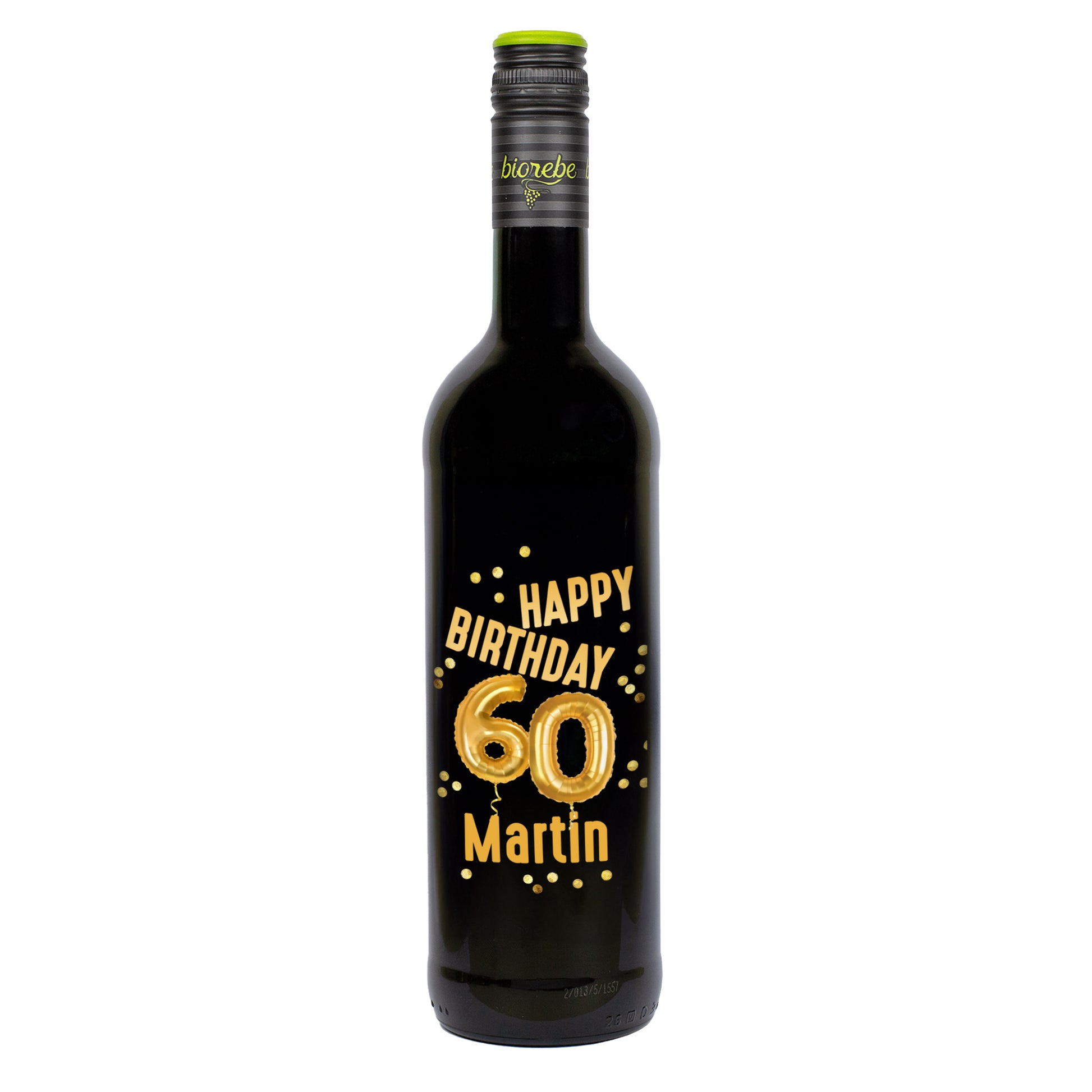 Rotweinflasche mit Etikett zum 60. Geburtstag, goldene Ballons „60“, Name Martin, vor weißem Hintergrund