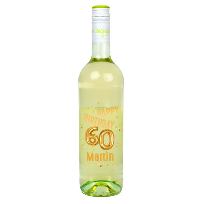 Biorebe Wein zum 60. Geburtstag personalisiert mit Name | Luftballon & Konfetti Design