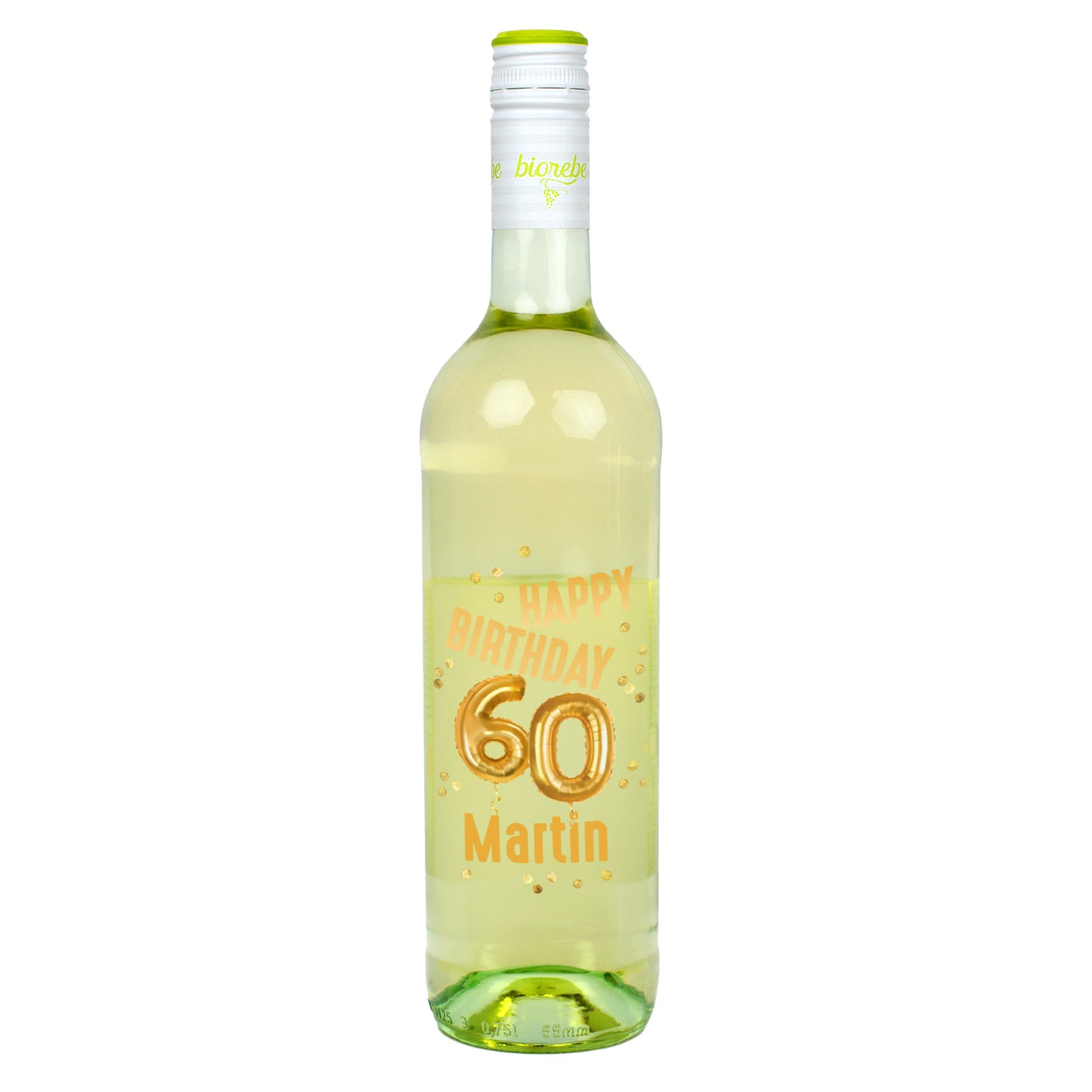 Weißweinflasche mit Etikett zum 60. Geburtstag, goldene Ballons „60“, Name Martin, vor weißem Hintergrund