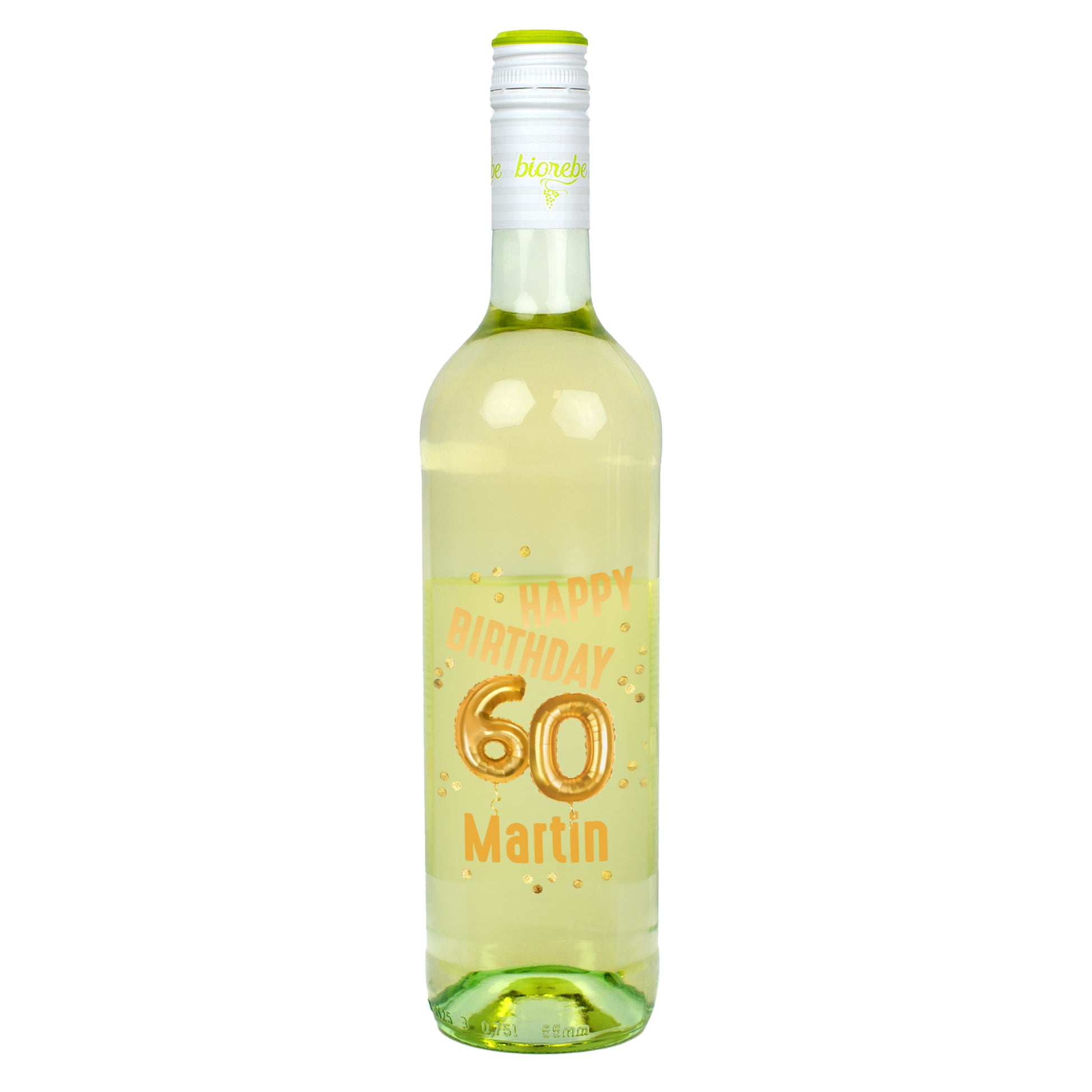 Weißweinflasche mit Etikett zum 60. Geburtstag, goldene Ballons „60“, Name Martin, vor weißem Hintergrund