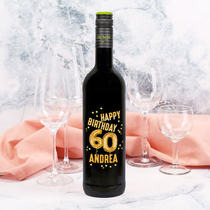 Biorebe Wein zum 60. Geburtstag personalisiert mit Name | Luftballon & Konfetti Design