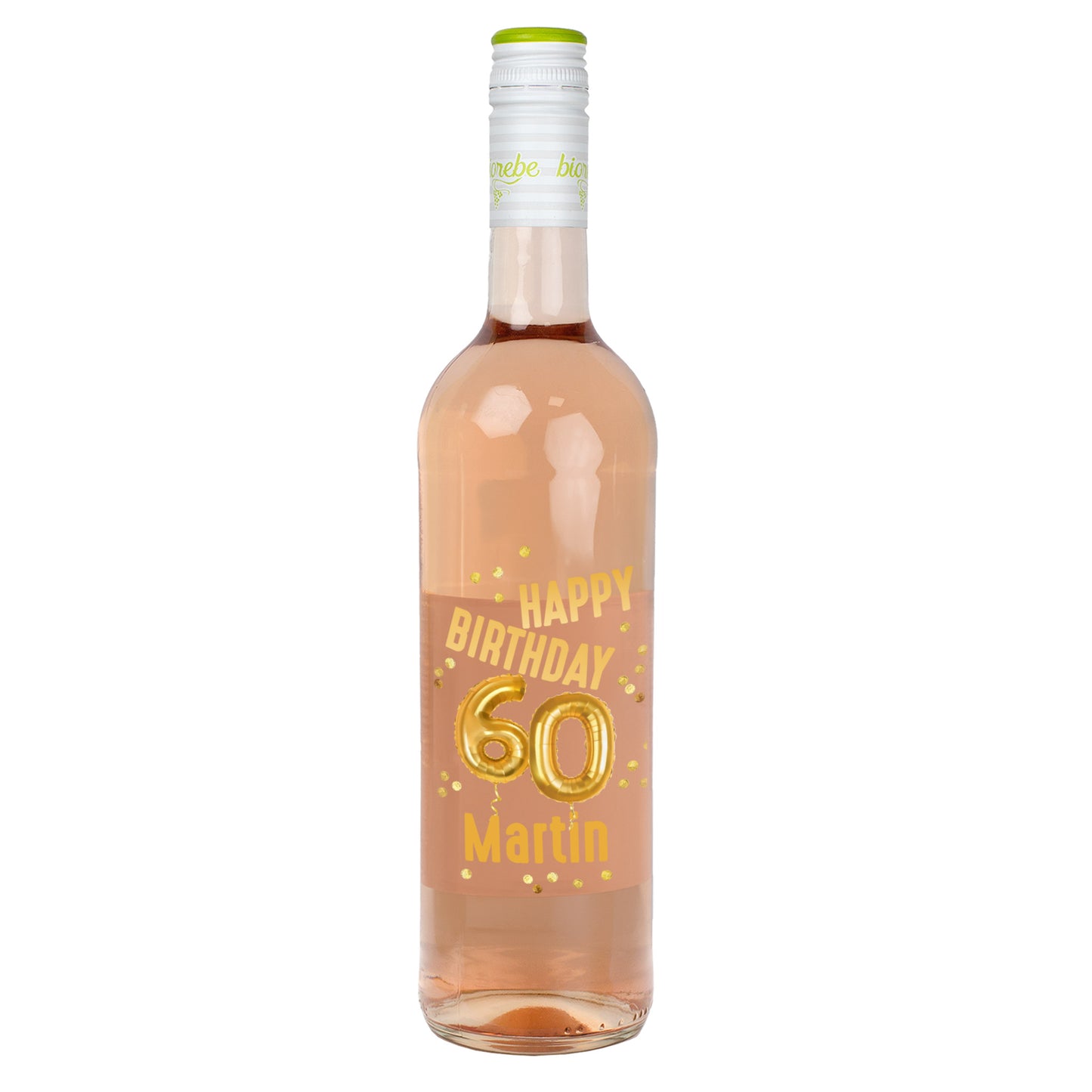 Biorebe Wein zum 60. Geburtstag personalisiert mit Name | Luftballon & Konfetti Design
