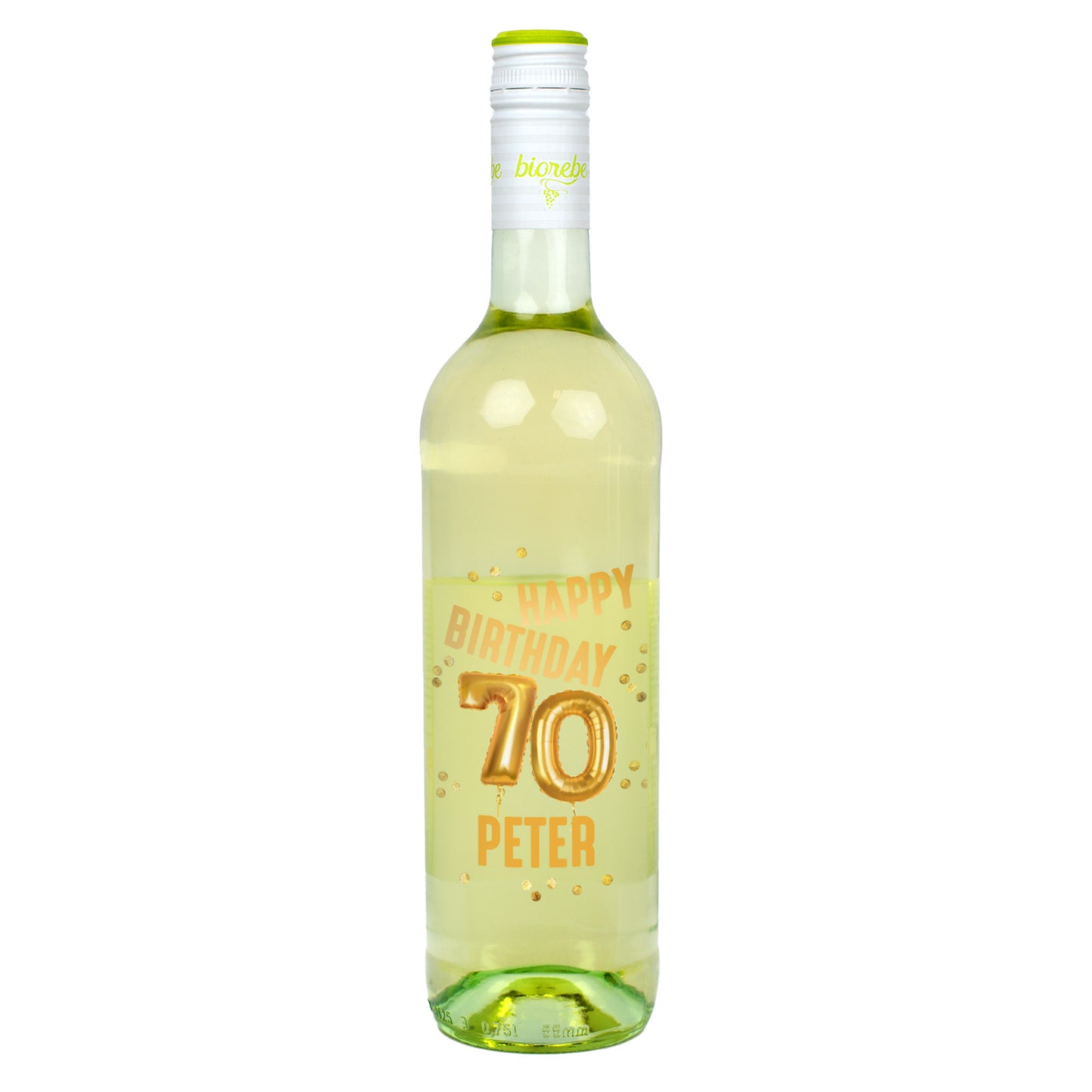 Personalisierte Weißweinflasche mit goldenem Aufdruck „Happy Birthday 70 Peter“ und Ballonzahl-Design, Biorebe Riesling