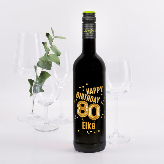 Rotweinflasche Biorebe Dornfelder mit goldenem Ballon-Motiv zum 80. Geburtstag und Name Elke