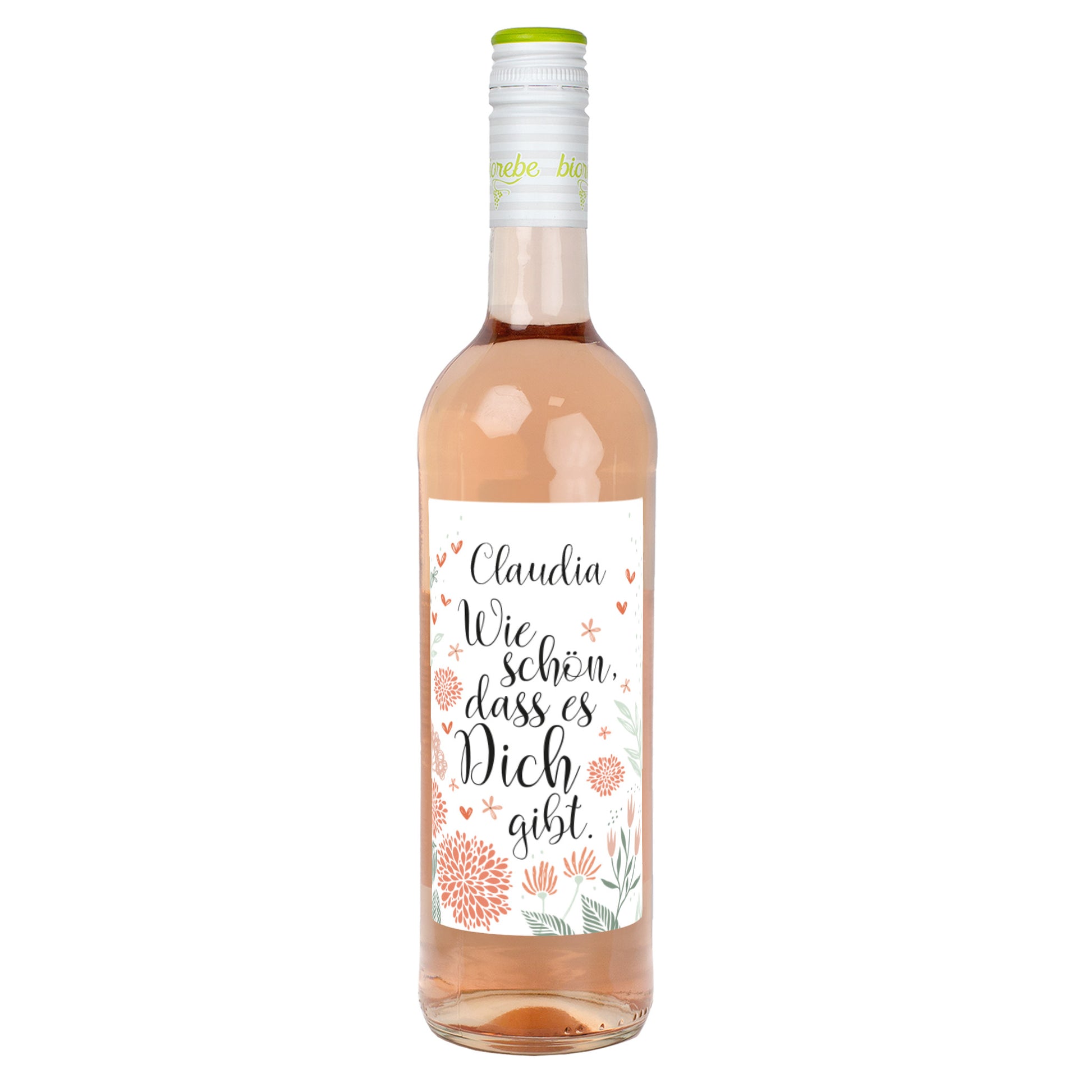 Weinflasche Rosé (stehend, freigestellt) mit Floraldekor und Aufschrift „Wie schön, dass es Dich gibt“ – personalisiert mit Name