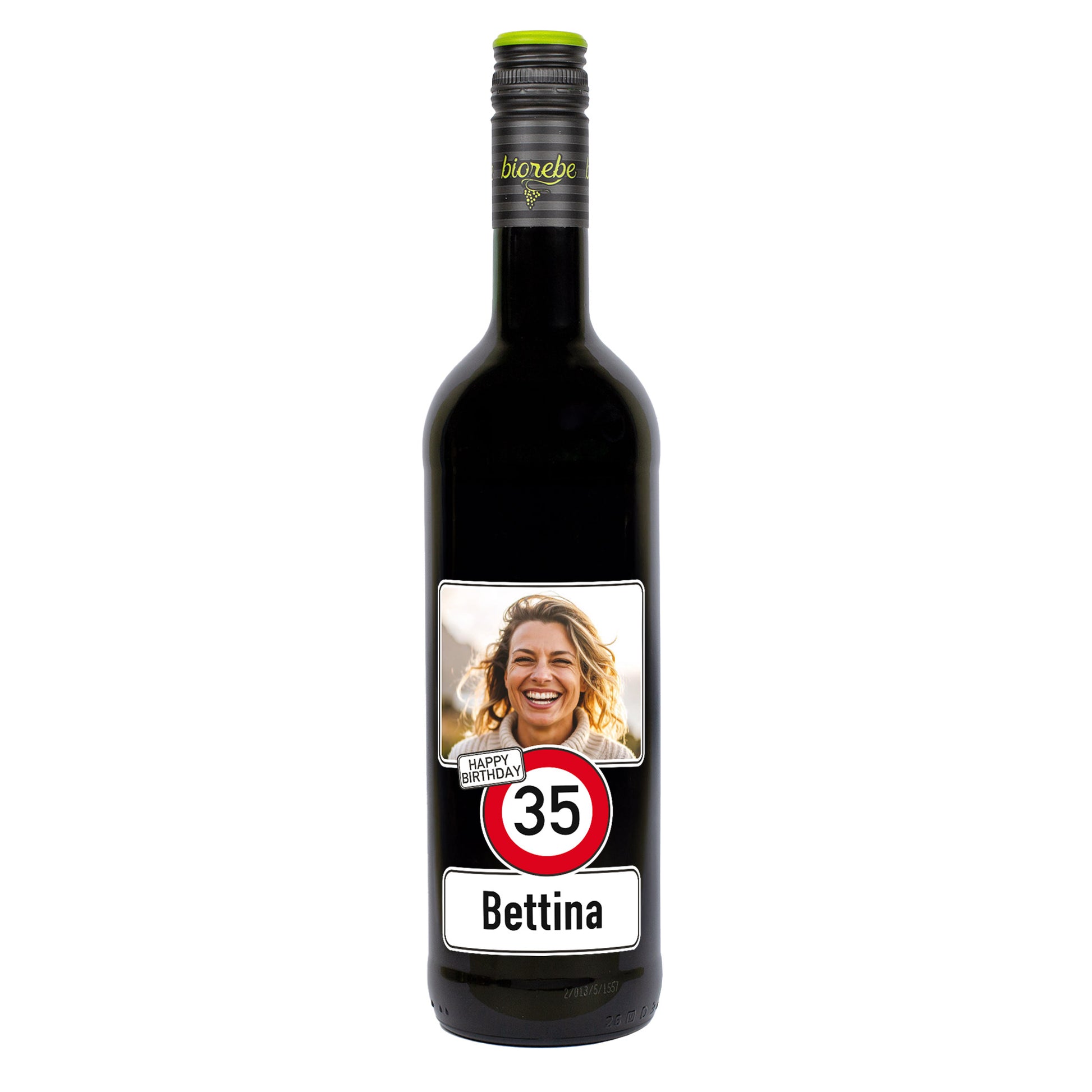 Personalisierte Rotweinflasche zum 35. Geburtstag mit Foto und Name Bettina, Verkehrszeichen-Design