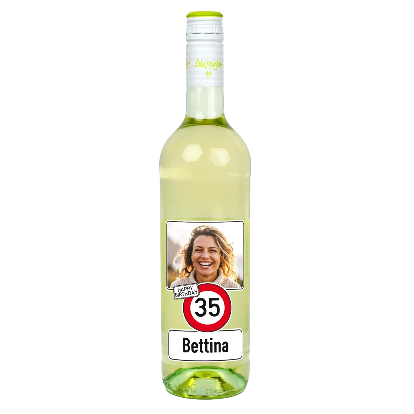 Personalisierte Weißweinflasche zum 35. Geburtstag mit Foto und Name Bettina, Verkehrszeichen-Design