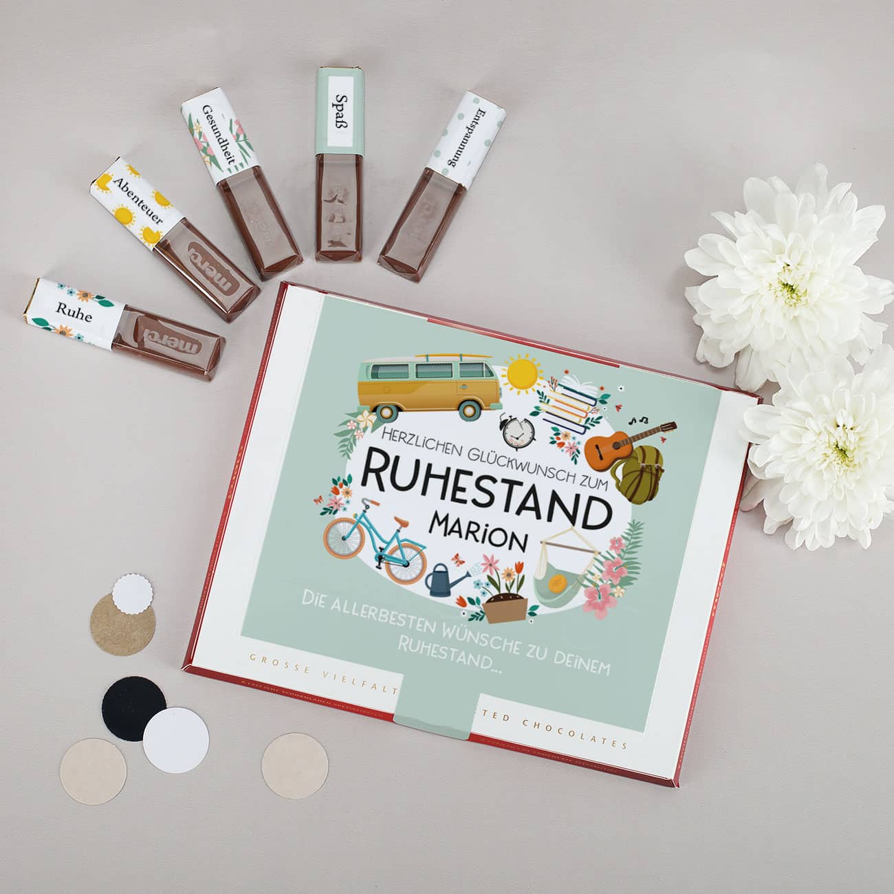 Aufkleber Set zur Rente mit Hobby-Motiv, Name und Wunschtexten