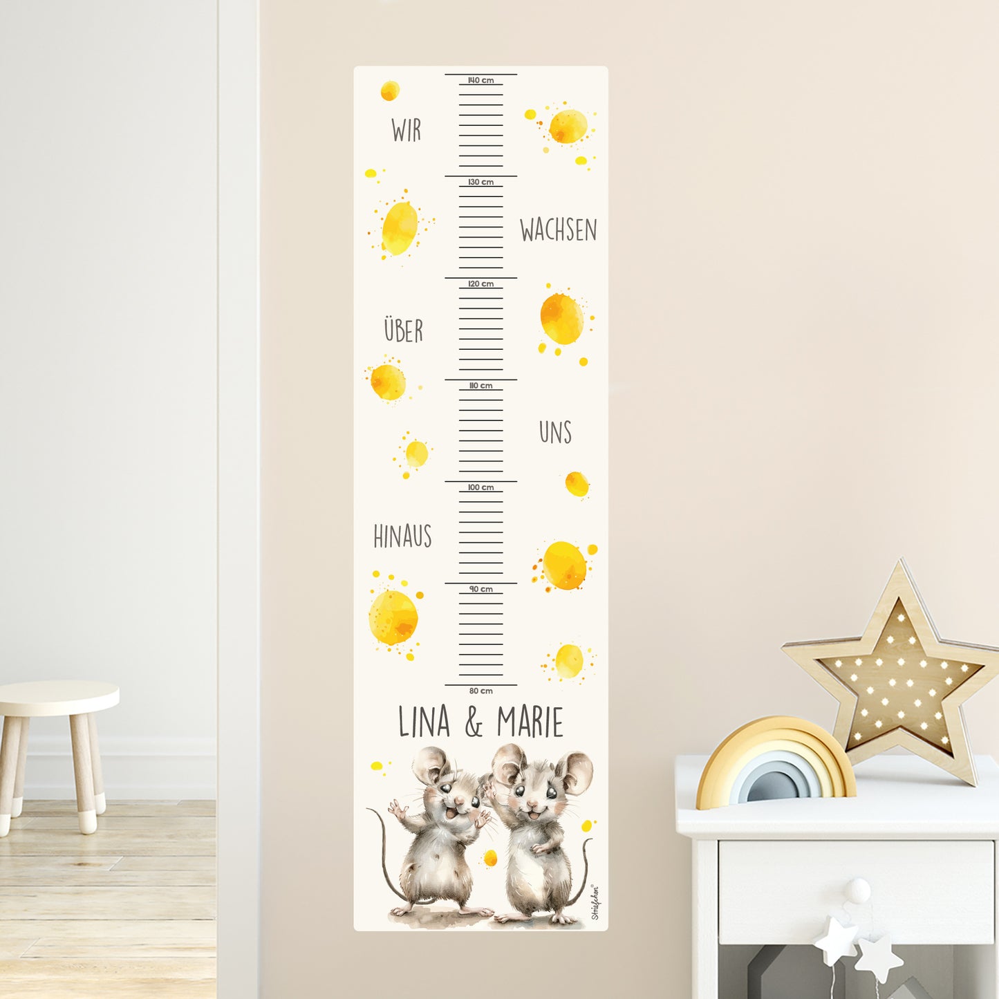 Wandtattoo Messlatte Mäuse-Zwillinge mit Namensaufdruck für Geschwister