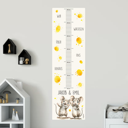 Wandtattoo Messlatte Mäuse-Zwillinge mit Namensaufdruck für Geschwister