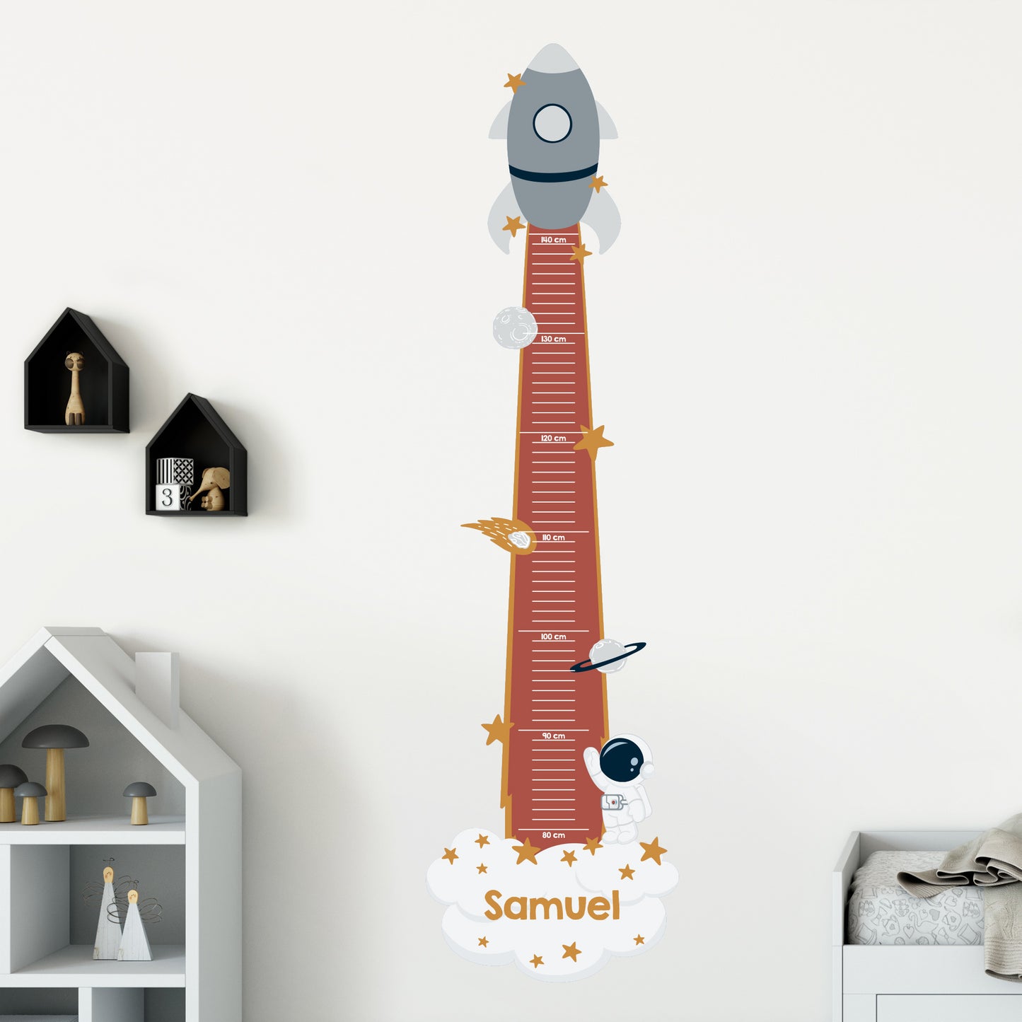 Wandtattoo Messlatte für Kinderzimmer mit Wunschname & Raketen-Motiv