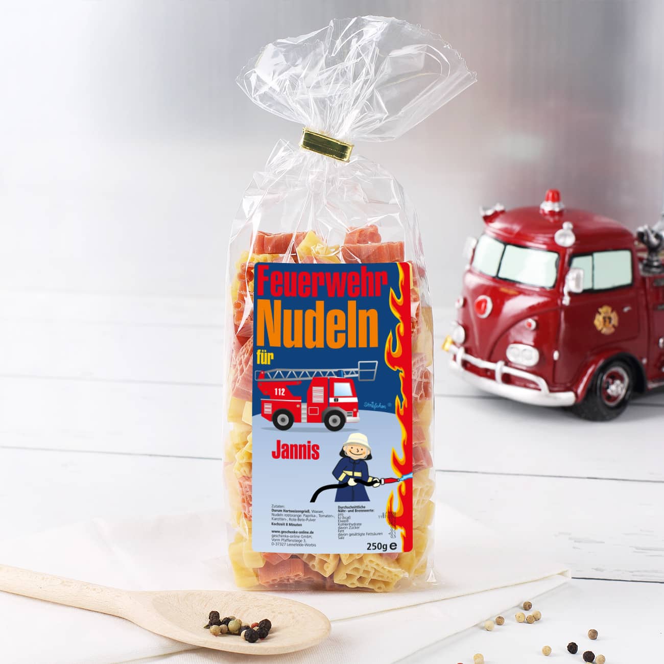 Feuerwehrauto Nudeln für Kinder mit Wunschname
