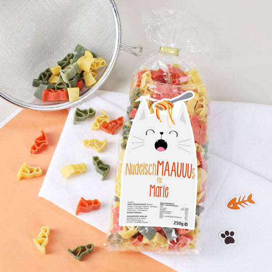 Katzen-Nudeln Nudelschmaus mit Name auf dem Etikett