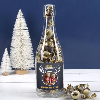Weihnachtsetikett mit Fotoaufdruck auf der Pralinenflasche
