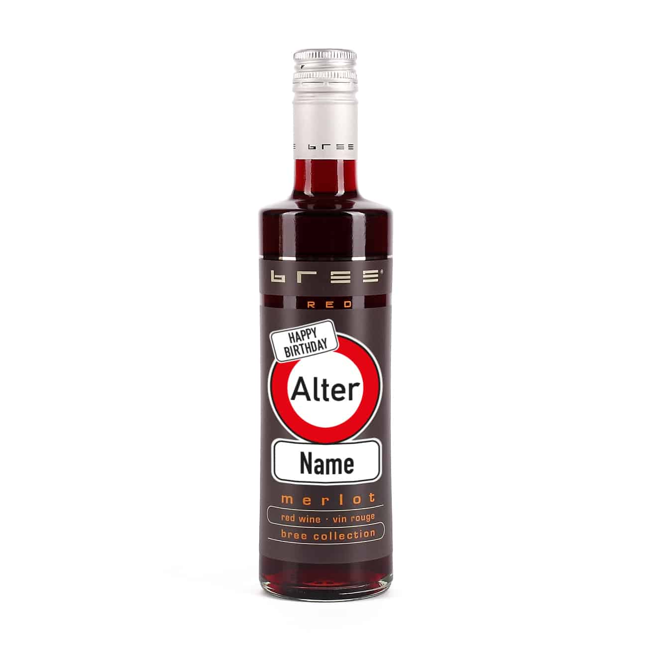 Kleiner BREE Wein zum Geburtstag mit Verkehrszeichen, Name und Alter