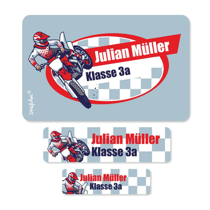 Namensaufkleber für die Schule mit Motorrad-Aufdruck  Name und Text