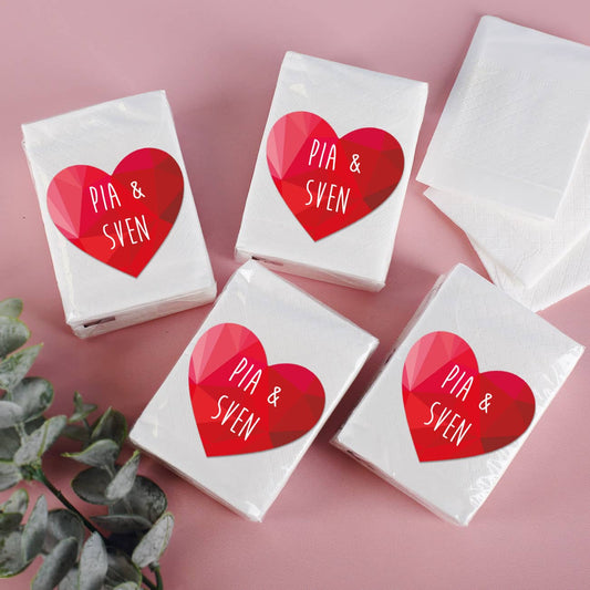 Kleine Taschentücher zur Hochzeit im 10er-Set mit Herzaufkleber und Ihren Wunschnamen