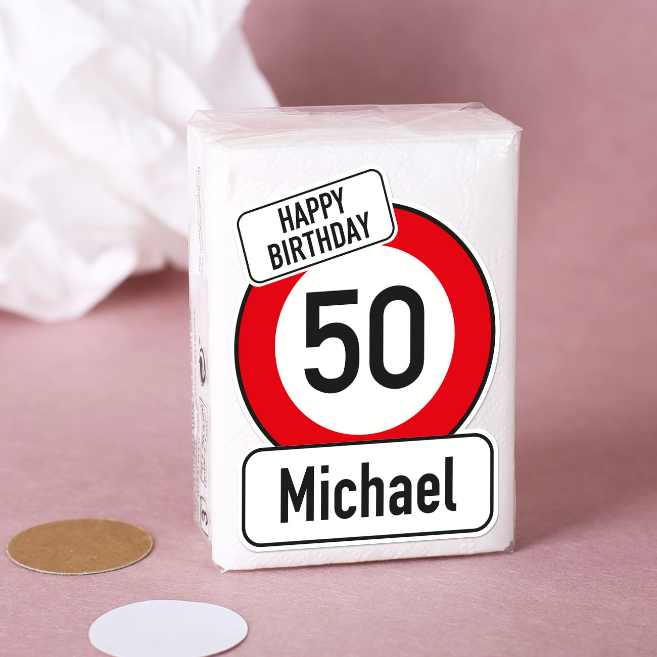 Taschentücher zum Geburtstag mit Verkehrszeichen, Name und Alter