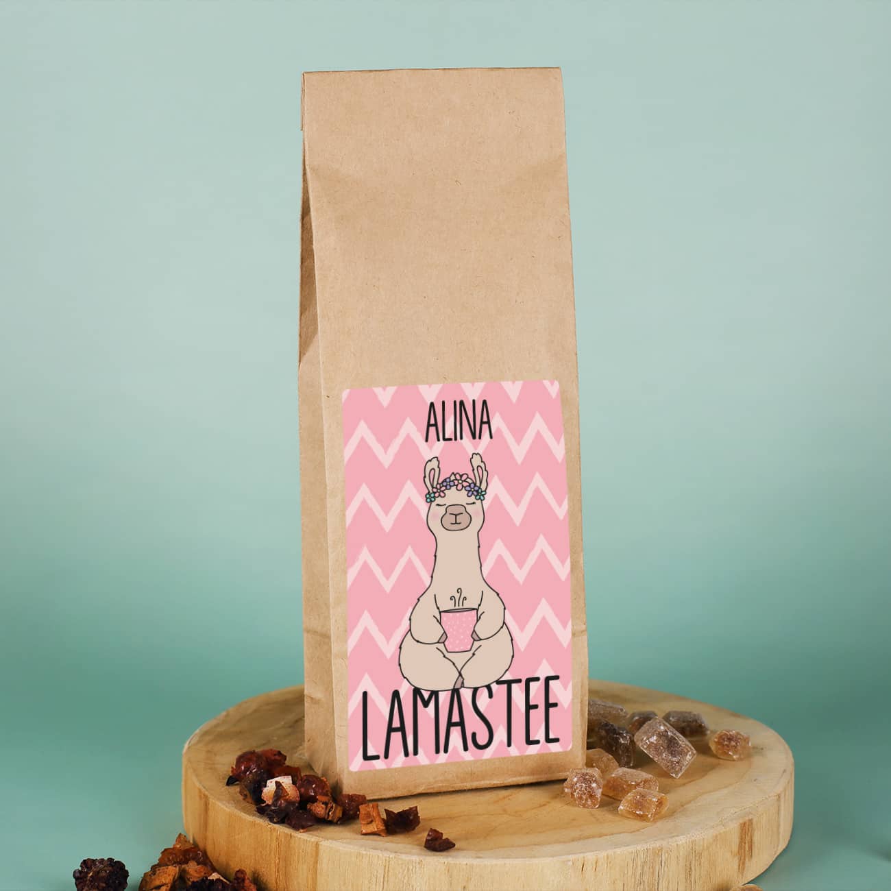 Früchtetee mit Lama Motiv und Name