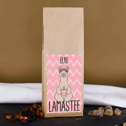 Lamastee Früchtetee mit Lama Motiv und Name