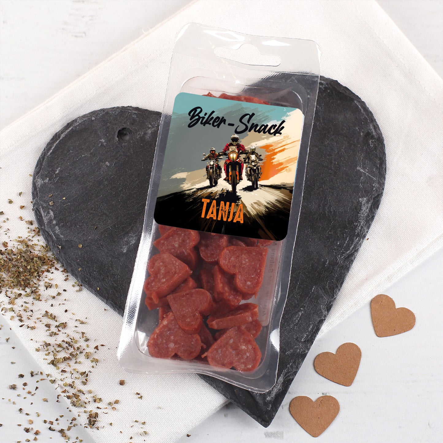 Biker-Salamiherzen mit Motorrad-Motiv und Name Tanja als Geschenk für Touren