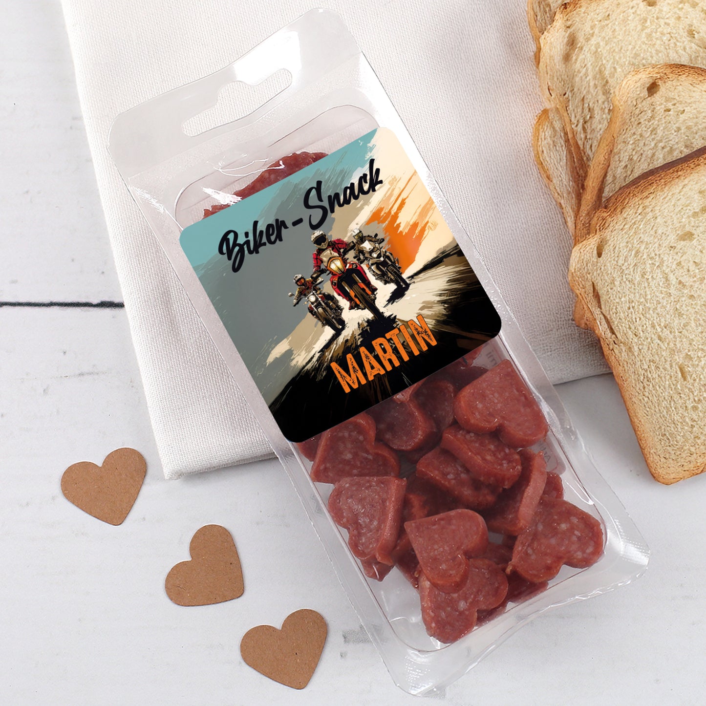 Herzförmiger Salami-Snack mit Name Martin – personalisiertes Biker-Geschenk