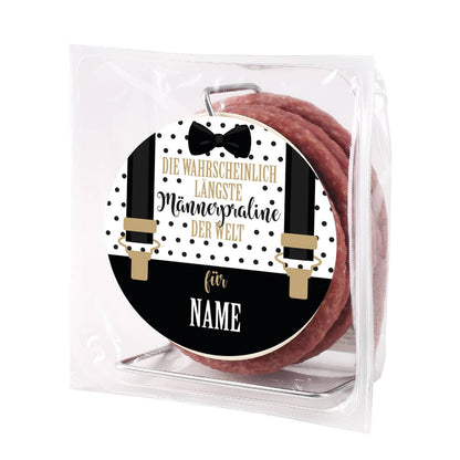 3,5 Meter Salami Wurstkabeltrommel mit lustigem Spruch und Hosenträgermotiv