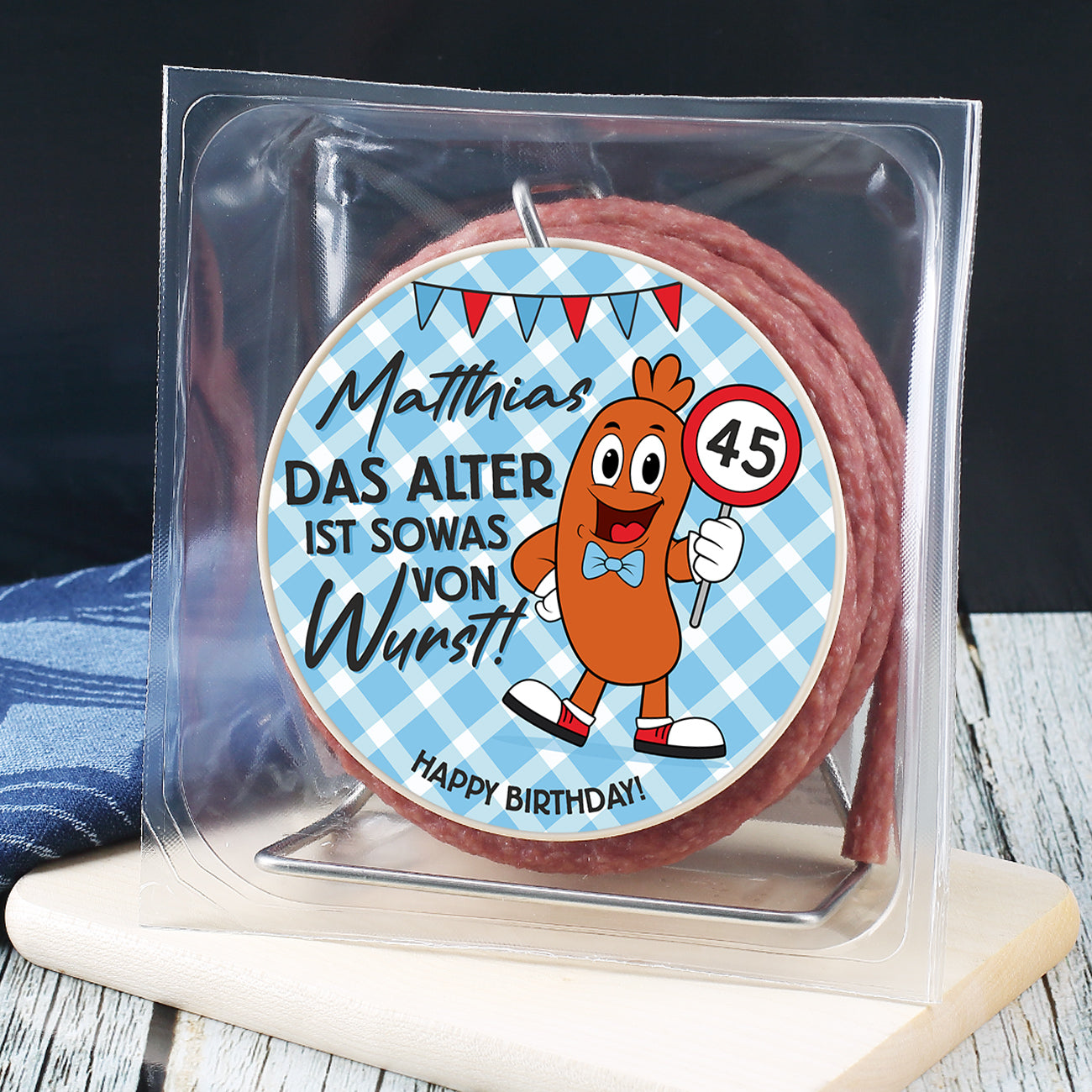 Salami Kabeltrommel mit Name und Alter personalisiert