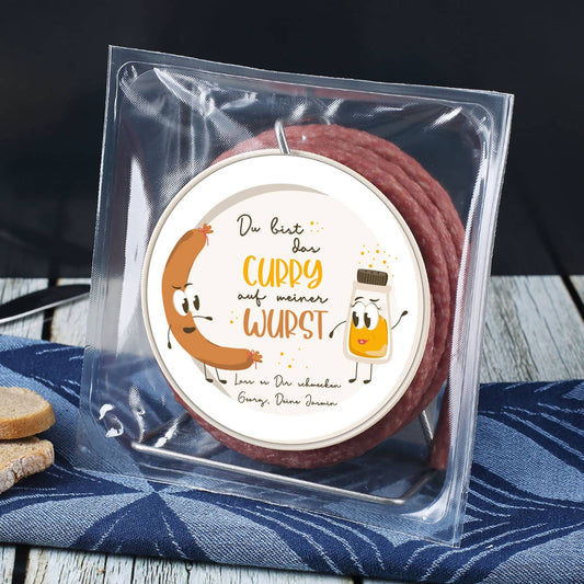 Salami-Kabeltrommel mit personalisiertem Etikett - Du bist das Curry auf meiner Wurst