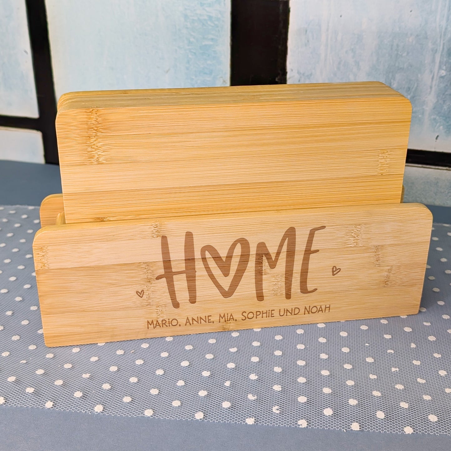 Bambus-Brettchen-Set mit HOME-Motiv und graviertem Wunschtext