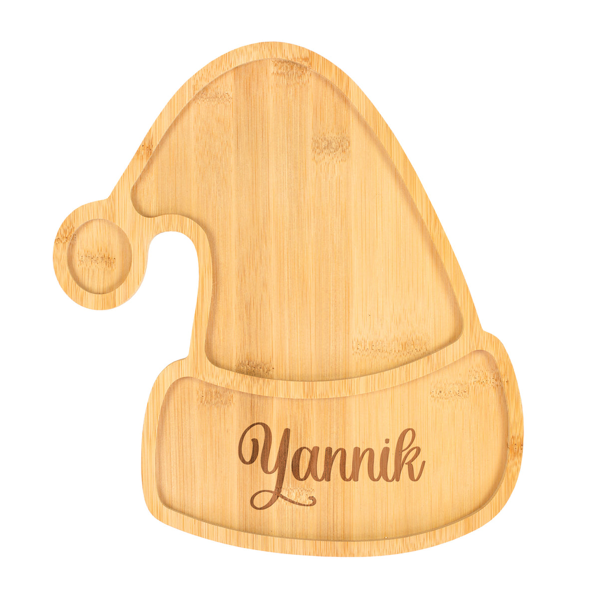 Plätzchenteller mit Name graviert | Bambus Servierbrett Weihnachtsmütze als Geschenk für Weihnachten