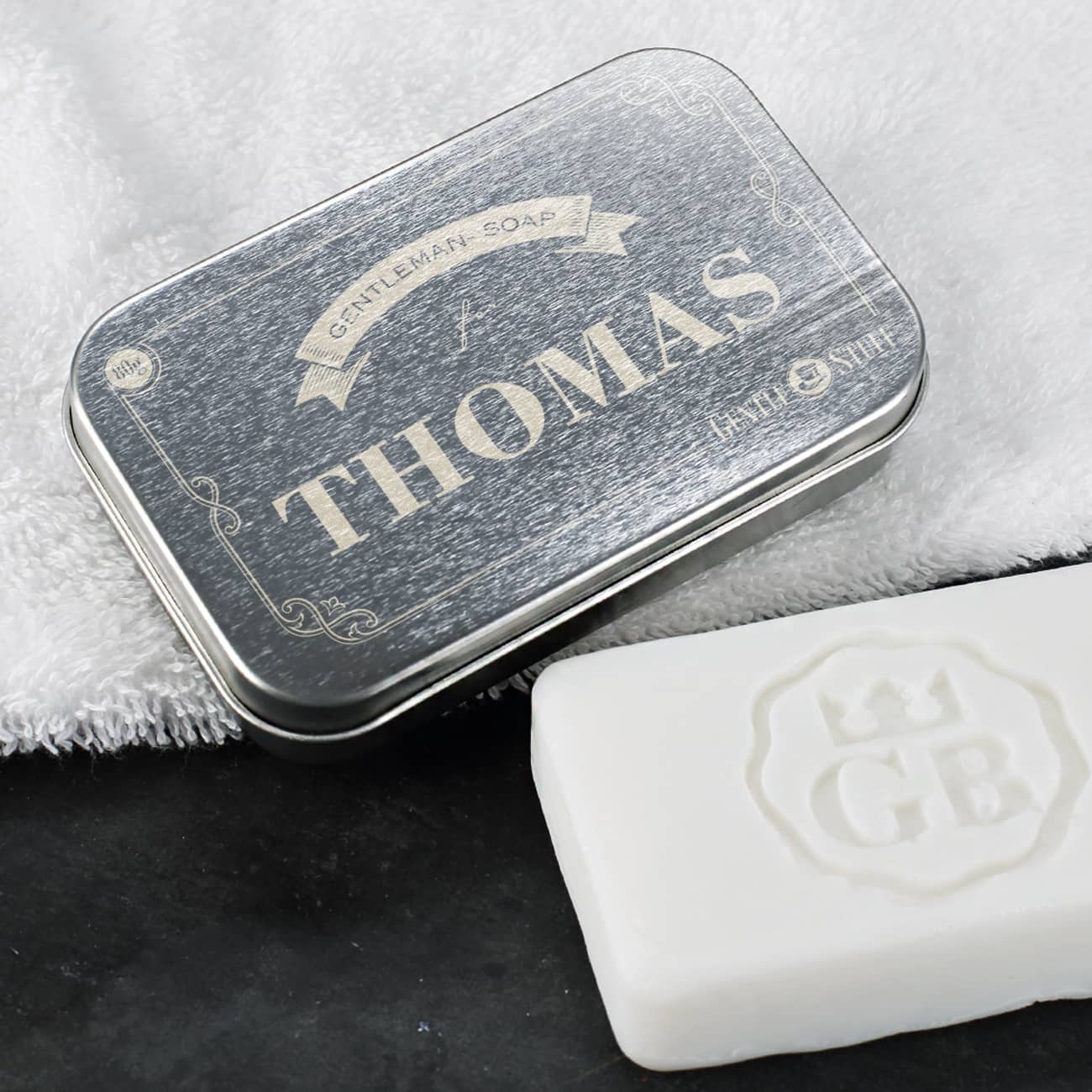 Seife mit gravierter Metall-Geschenkdose mit Name nach Wunsch