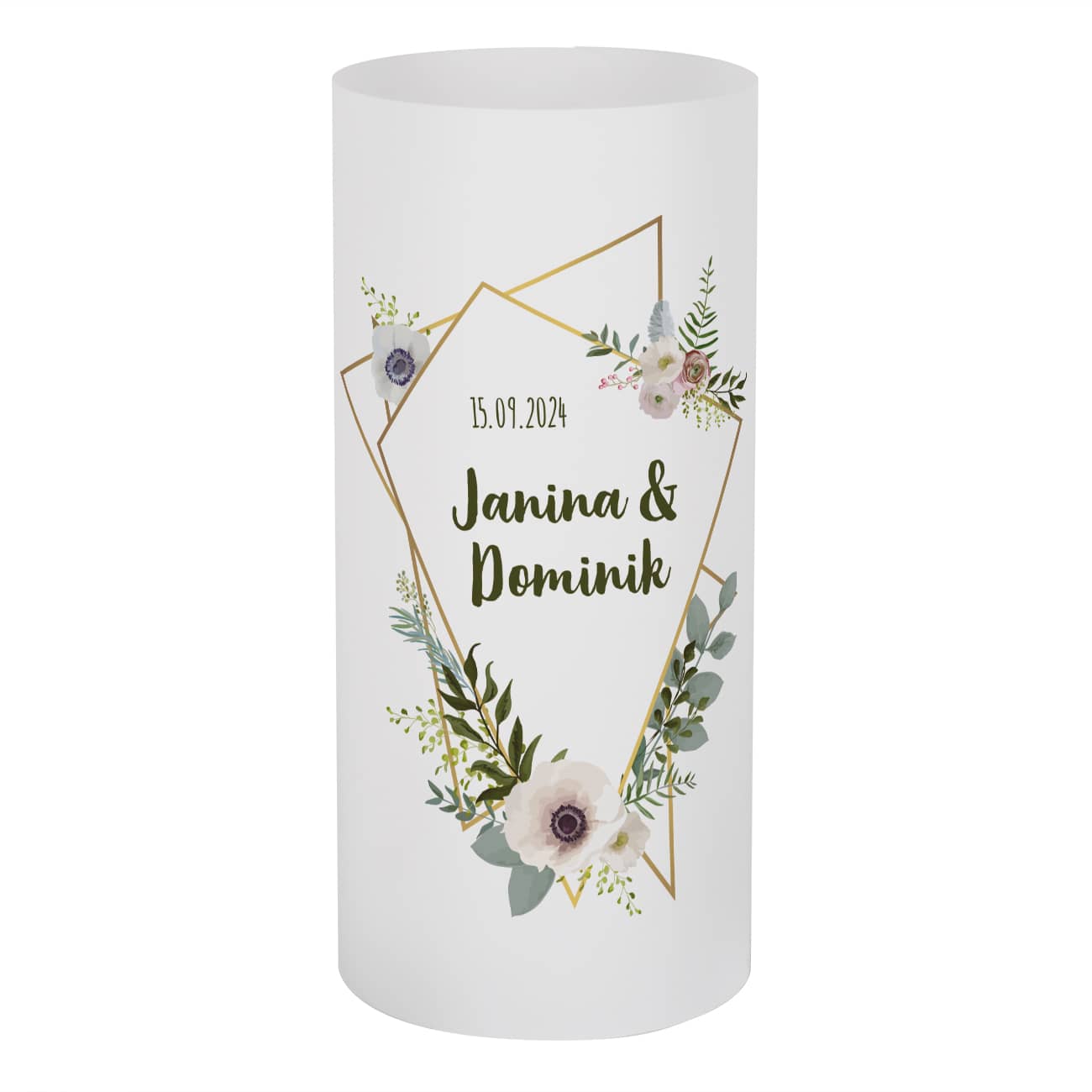 bedruckt Lichthüllen zur Hochzeit mit Blüten, Namen und Datum, 4er Set