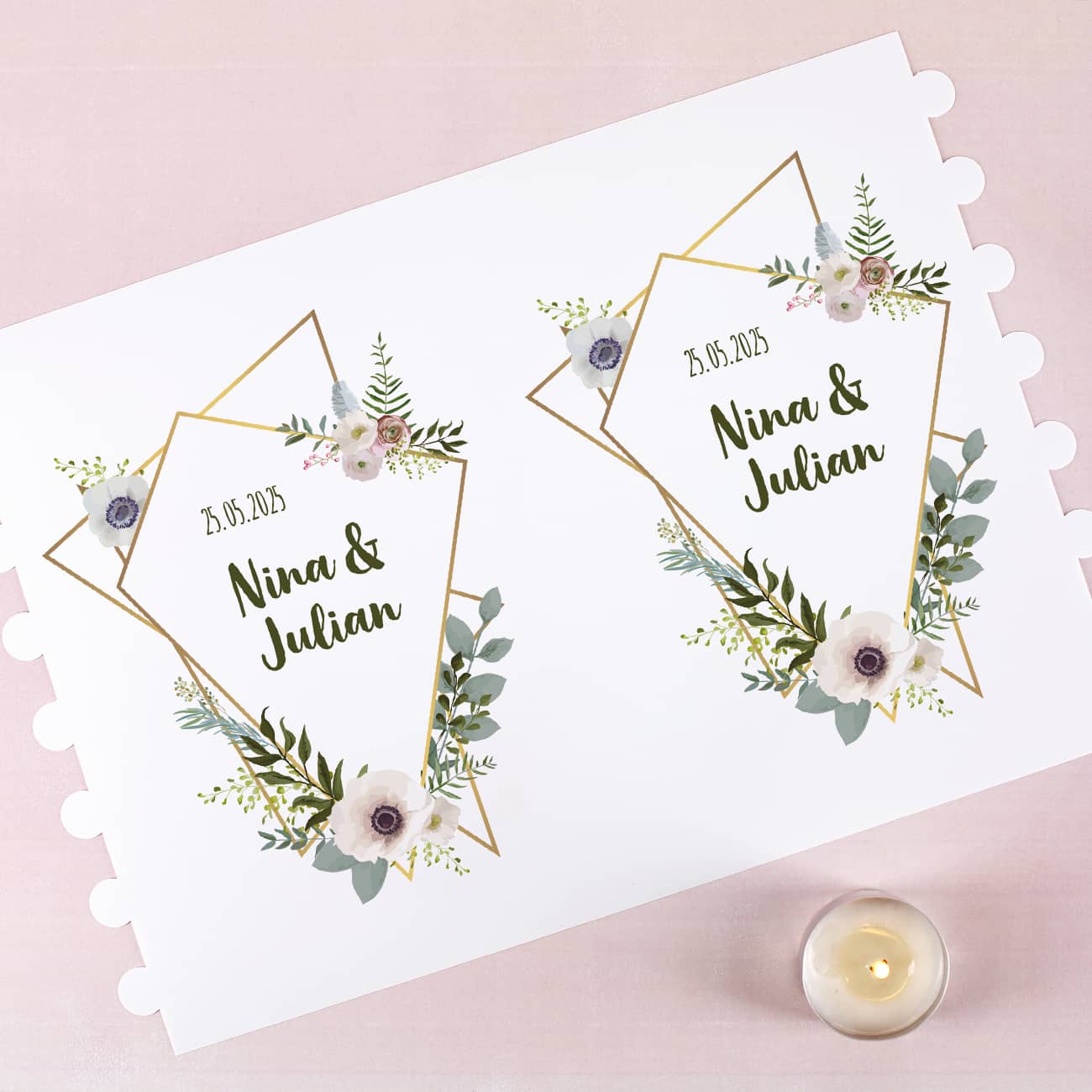 Lichthüllen zur Hochzeit mit Blüten, Namen und Datum 20 cm