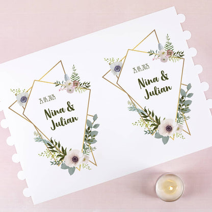 Lichthüllen zur Hochzeit mit Blüten, Namen und Datum 20 cm