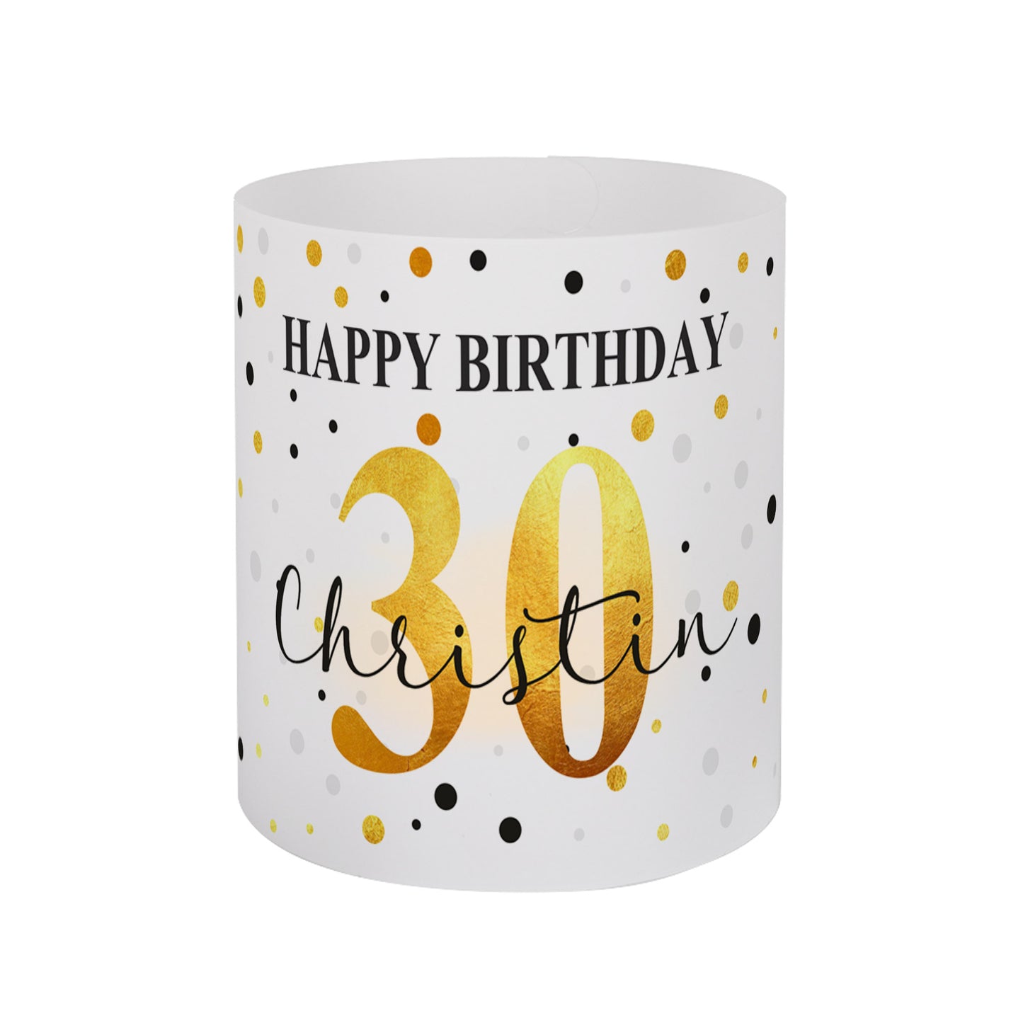 Lichthülle zum Geburtstag mit persönlichem Aufdruck in Schwarz-Gold