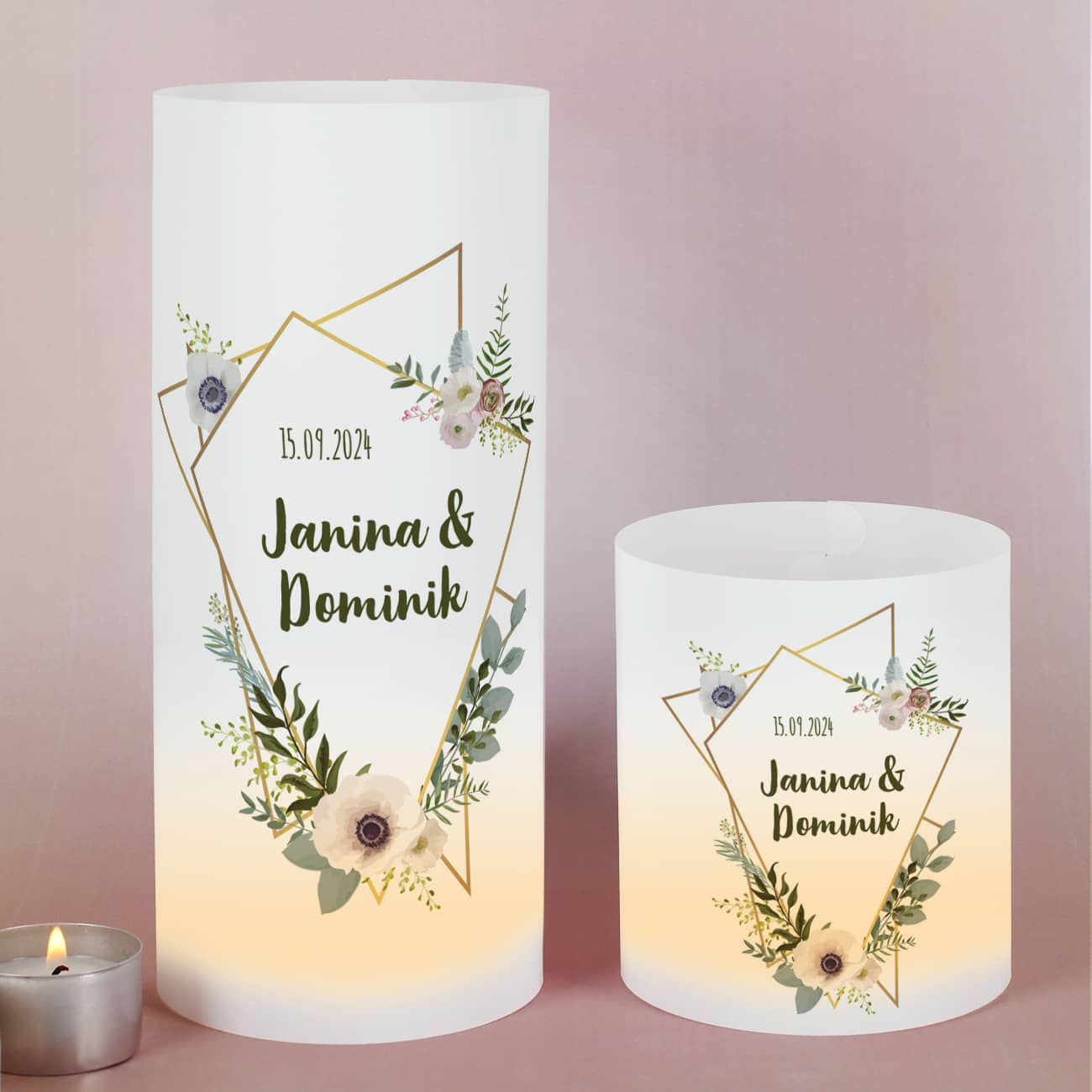 4er Set Lichthüllen zur Hochzeit mit Blüten in zwei Größen