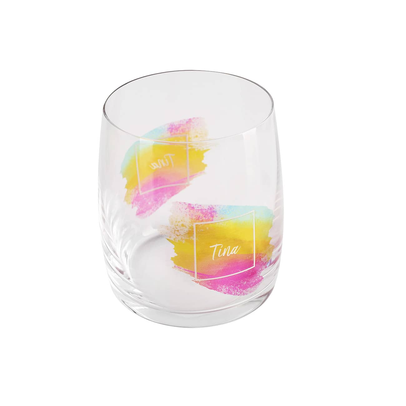 Ihr persönlicher Wunschname mit buntem Watercolormotiv auf tollem Trinkglas