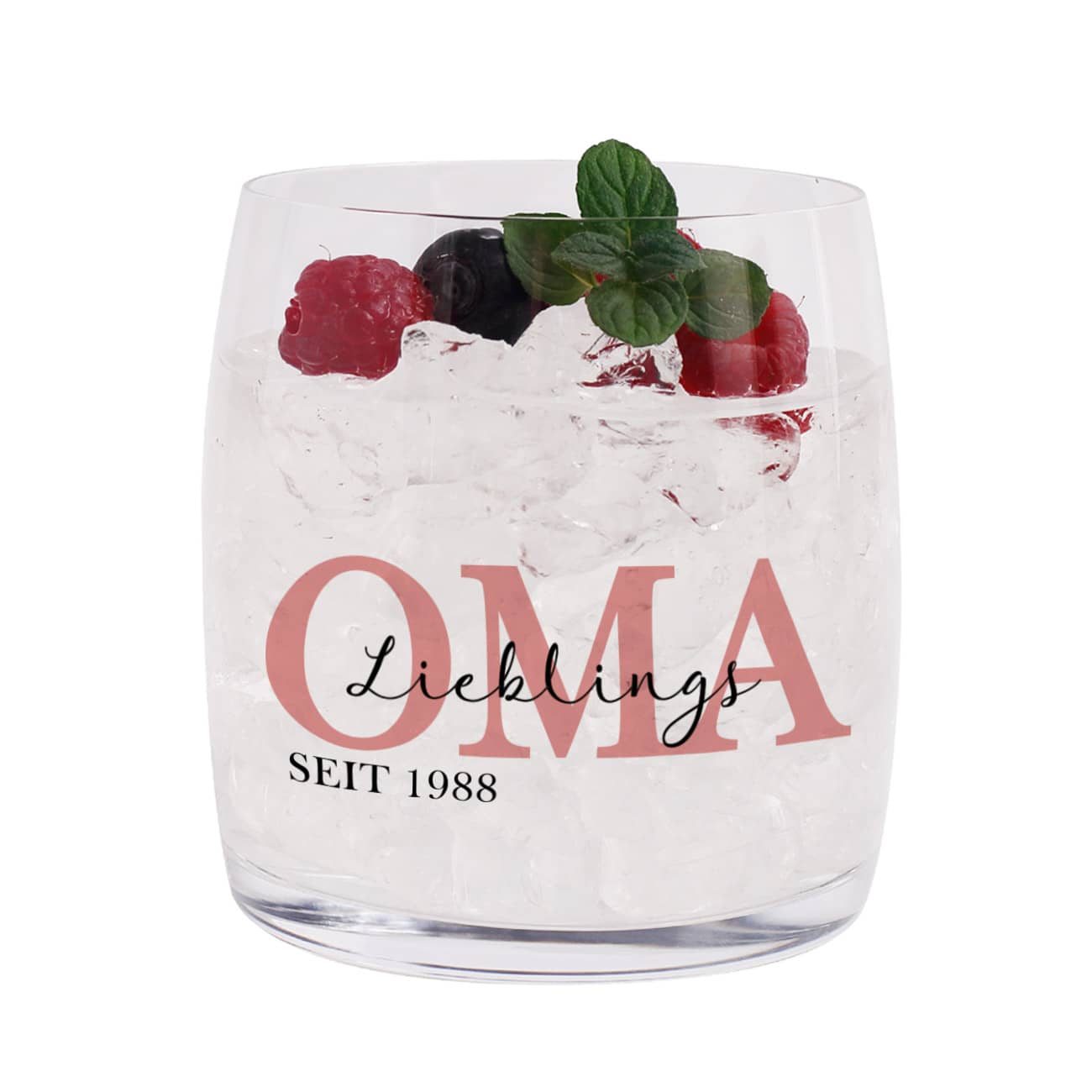 Trinkglas für Oma mit Wunschtext und Jahr bedruckt