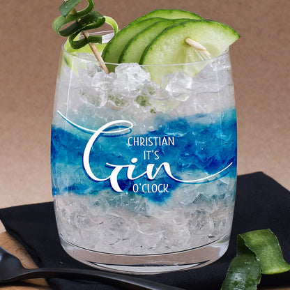 Ginglas mit Watercolour  und Wunschname mit It`s Gin O´Clock Motiv